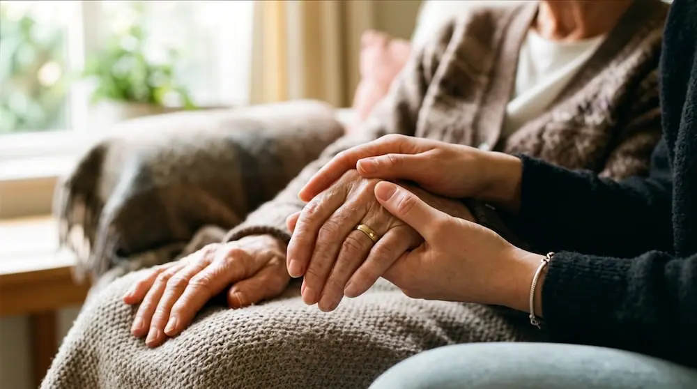 A caregiver holding the hands of an elderly woman